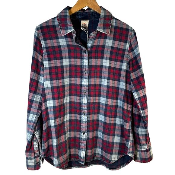 Faherty Womens Cotton Flannel Button Up Reversible Shirt Small Red Indigo Plaid - Picture 1 of 16